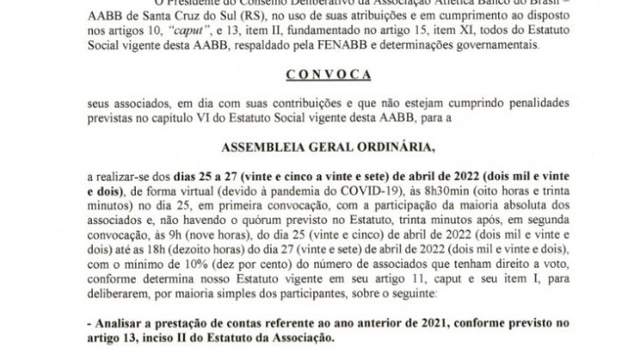 EDITAL DE CONVOCAÇÃO – Assembleia Geral Ordinária – 2022/01