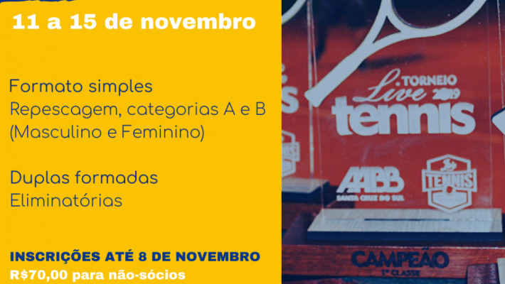 Inscrições abertas para 2º Torneio Live Tennis – AABB Santa Cruz do Sul