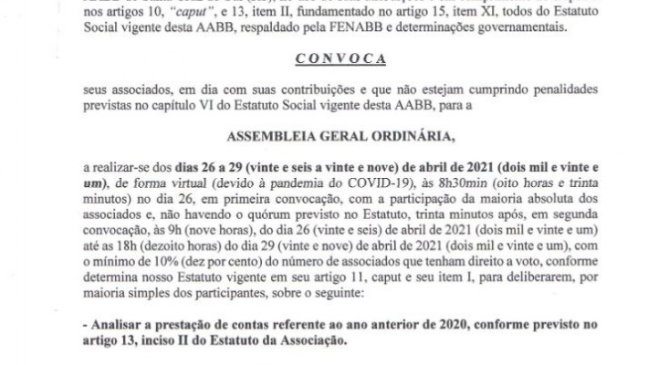EDITAL DE CONVOCAÇÃO – Assembleia Geral Ordinária – 2021/01