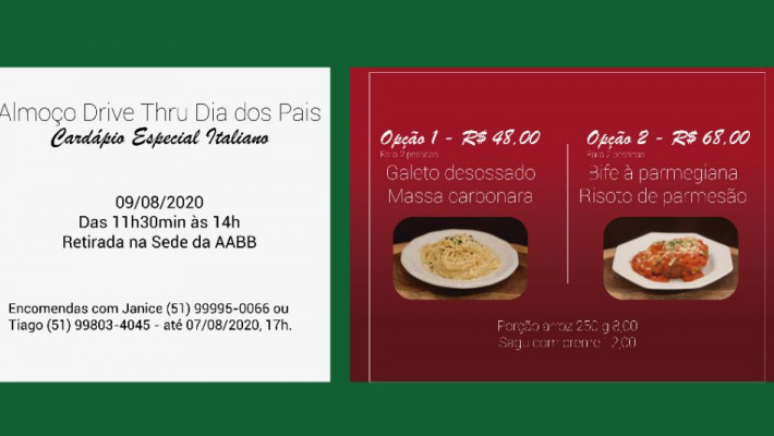 Vem aí o almoço Drive Thru de Dia dos Pais com cardápio italiano!