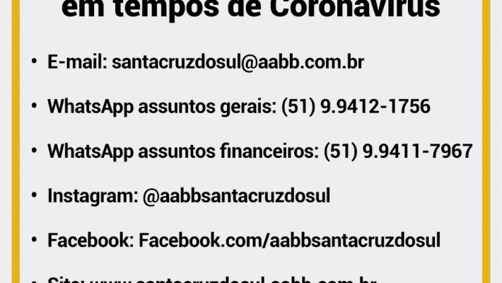 Canais de atendimento da AABB Santa Cruz do Sul em tempos de Coronavírus (COVID-19)