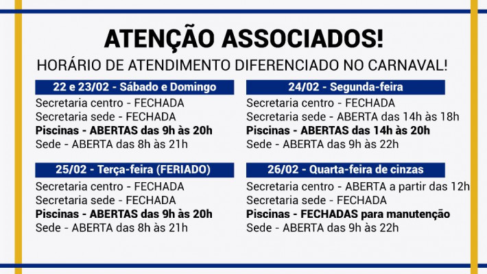 ATENÇÃO! Horários de atendimento da AABB Santa Cruz do Sul no Carnaval!