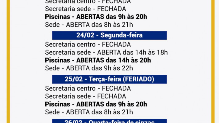 ATENÇÃO! Horários de atendimento da AABB Santa Cruz do Sul no Carnaval!
