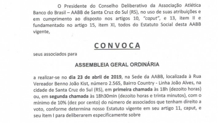 Convocação Assembleia Geral Ordinária 23/04/2019
